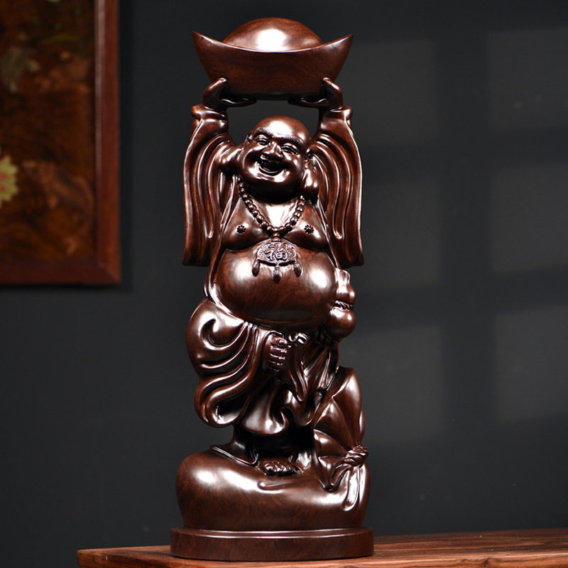 黑檀木雕刻弥勒佛像摆件实木手托金元宝笑口常开弥勒佛客厅装饰品