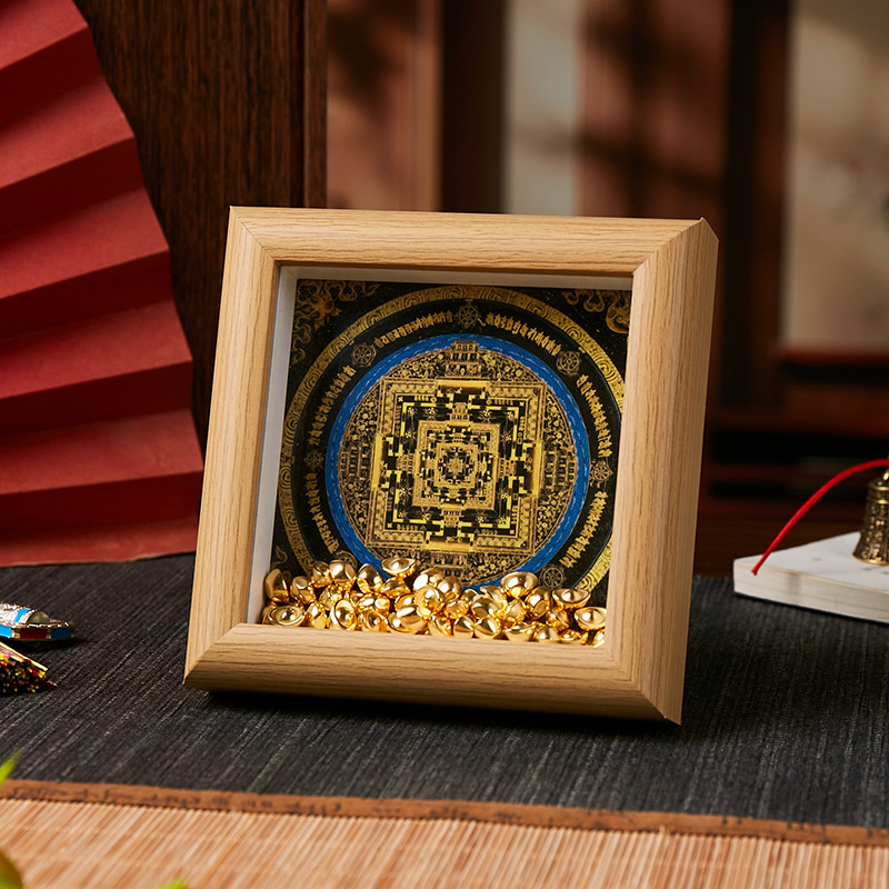 唐卡时轮金刚心咒黑金坛城文创时轮金刚六字真言黑金坛城唐卡摆件