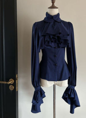 哥特lolita内搭中性王子装中世纪复古长袖荷叶边打底深蓝色衬衫