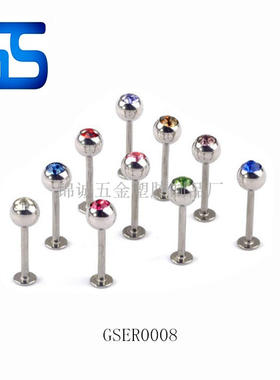 圆平底不锈钢镶钻舌钉 医用钛钢欧美穿刺唇钉 朋克风格穿刺唇舌钉