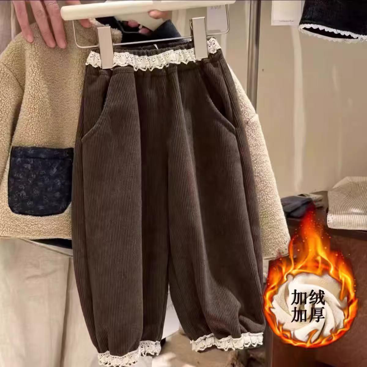 儿童秋冬加绒花边一体绒灯芯绒女童休闲裤宝宝加绒加厚束脚休闲裤