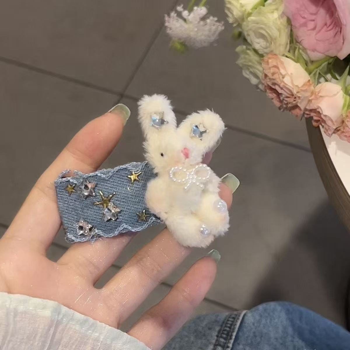 可爱甜美毛绒牛仔星星兔子发夹侧边精致少女刘海碎发海边发饰头饰