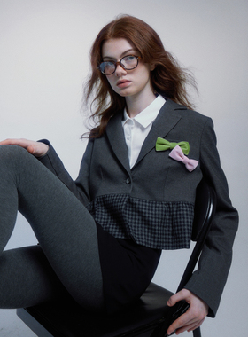 peur灰色格纹西装短款复古羊毛外套高腰拼接花边短廓微宽肩原创风