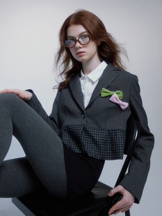 peur灰色格纹西装短款复古羊毛外套高腰拼接花边短廓微宽肩原创风