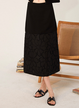 peur黑色拼接半身裙高腰开衩长裙意大利进口醋酸提花面料原创设计