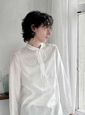peur意大利进口天丝白色系带套头立领衬衫微透微廓形珠光宽松系绳