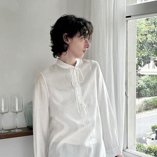 微透微廓形珠光宽松系绳 peur意大利进口天丝白色系带套头立领衬衫