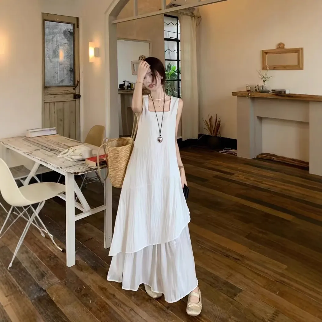 法式气质不规则白色连衣裙子女夏季2026新款高级感假两件背心长裙