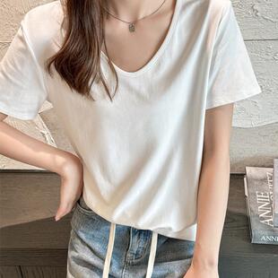 2026新款宽松V领正肩短袖t恤女夏季大码体恤高级感衣服遮肚子恤