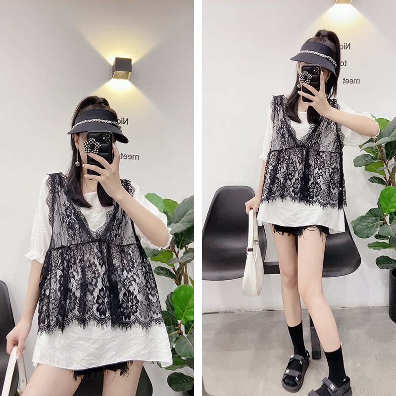大码女夏季蕾丝马甲T恤衫两件套