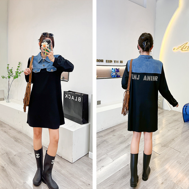 微胖妹妹MM秋季2022年新款大码女装韩版时尚显瘦牛仔拼接连衣裙潮