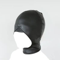 Black full-cover headgear, soft PU adjustable lacing, eye and mouth exposed mask, leather full-cover mask, bar party thumbnail 5