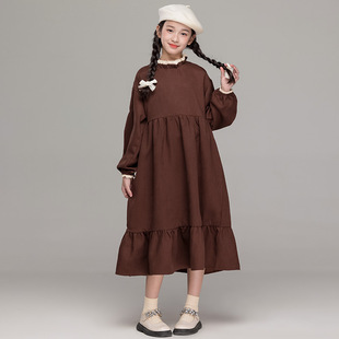 咖色法式文艺长袖连衣裙女童秋冬季2025新款甜美裙子喜庆加绒冬裙