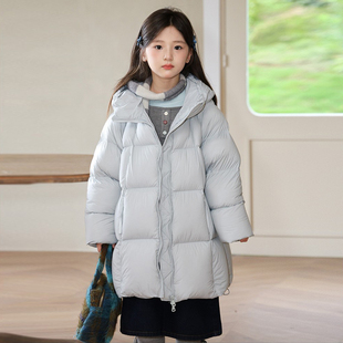 女童黑色羽绒服中长款2025新款连帽保暖中大儿童90白鸭绒冬装外套