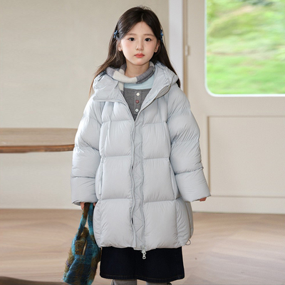 女童中长款连帽白鸭绒羽绒服