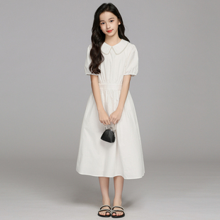 日系甜美复古连衣裙女童度假风白色裙子珍珠娃娃领初恋清纯小白裙