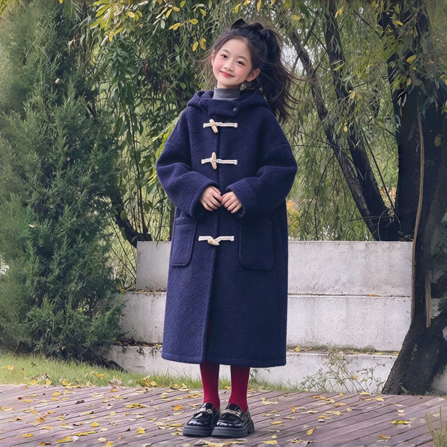 女童牛角扣毛呢大衣藏青色