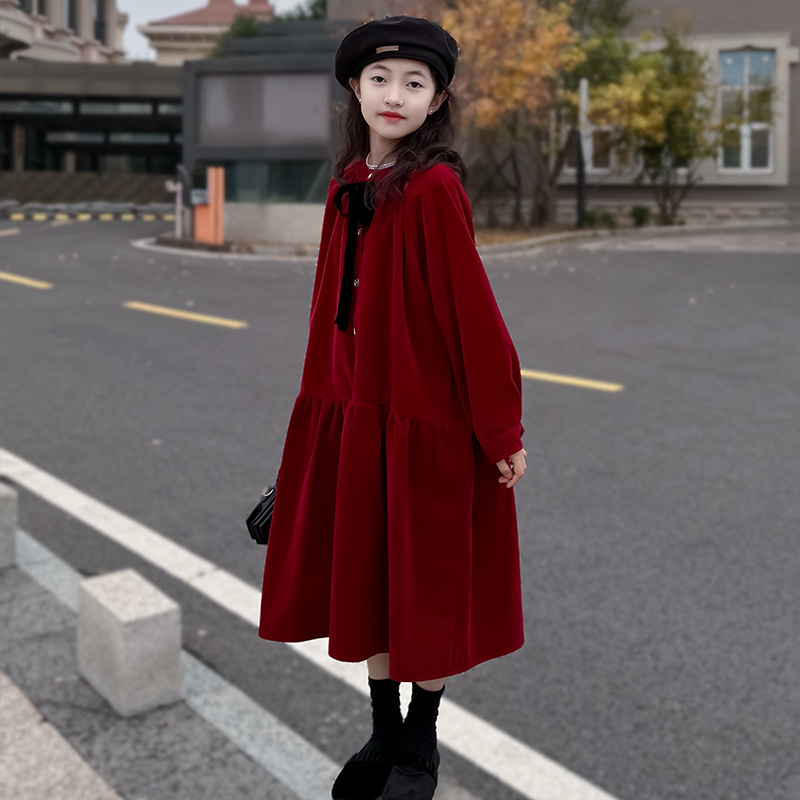女童加绒红色连衣裙丝绒长裙