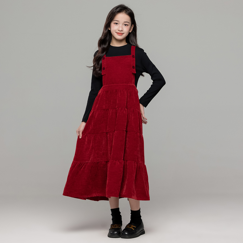 文艺复古女童红色背带连衣裙