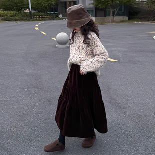 复古甜美风酒红色丝绒半身裙女童秋冬款加绒高腰显瘦A字中长裙子