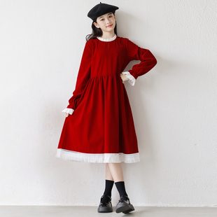 女童丝绒红色连衣裙女孩花边领圣诞裙子中大童生日喜庆加绒公主裙