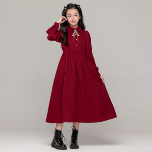 甜美学院风红色长袖连衣裙初中生女孩裙子秋冬新款衬衣领收腰长裙