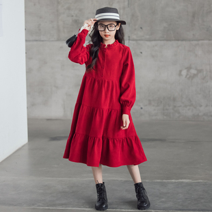 文艺复古森系红色裙子女童秋冬长裙赫本风大童宽松黑色加绒连衣裙