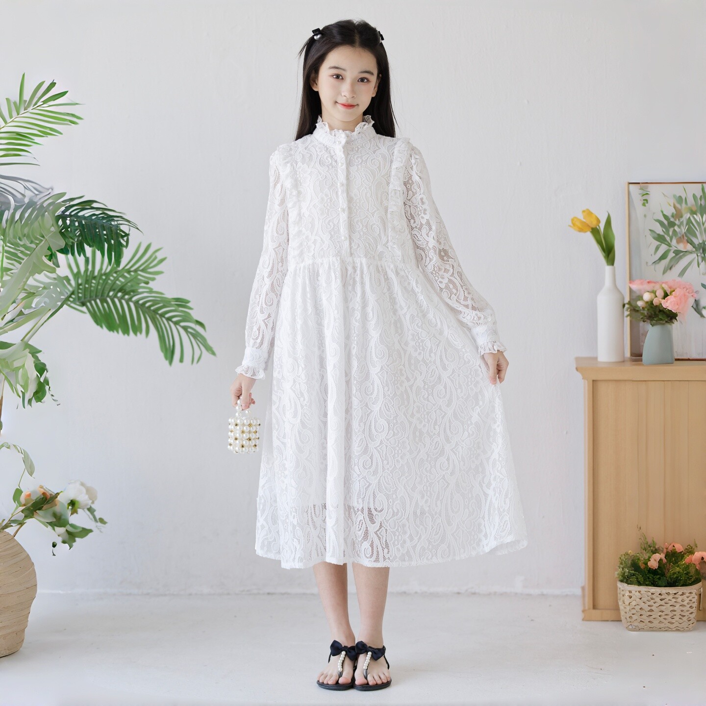 女童春季连衣裙长袖春款2026新款儿童白色法式蕾丝公主风洋气长裙