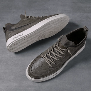 男士 潮鞋 灰色鞋 子男款 冬季 男鞋 春秋款 休闲皮鞋 2023新款 英伦风板鞋