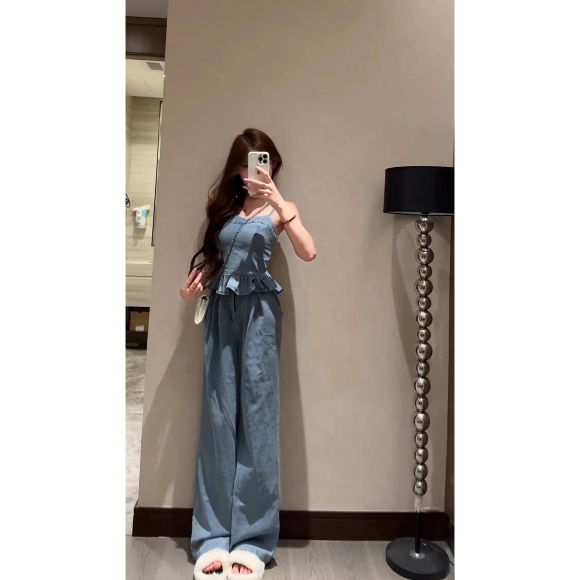 美式复古辣妹抹胸牛仔套装女夏季木耳边吊带上衣高腰阔腿裤两件套