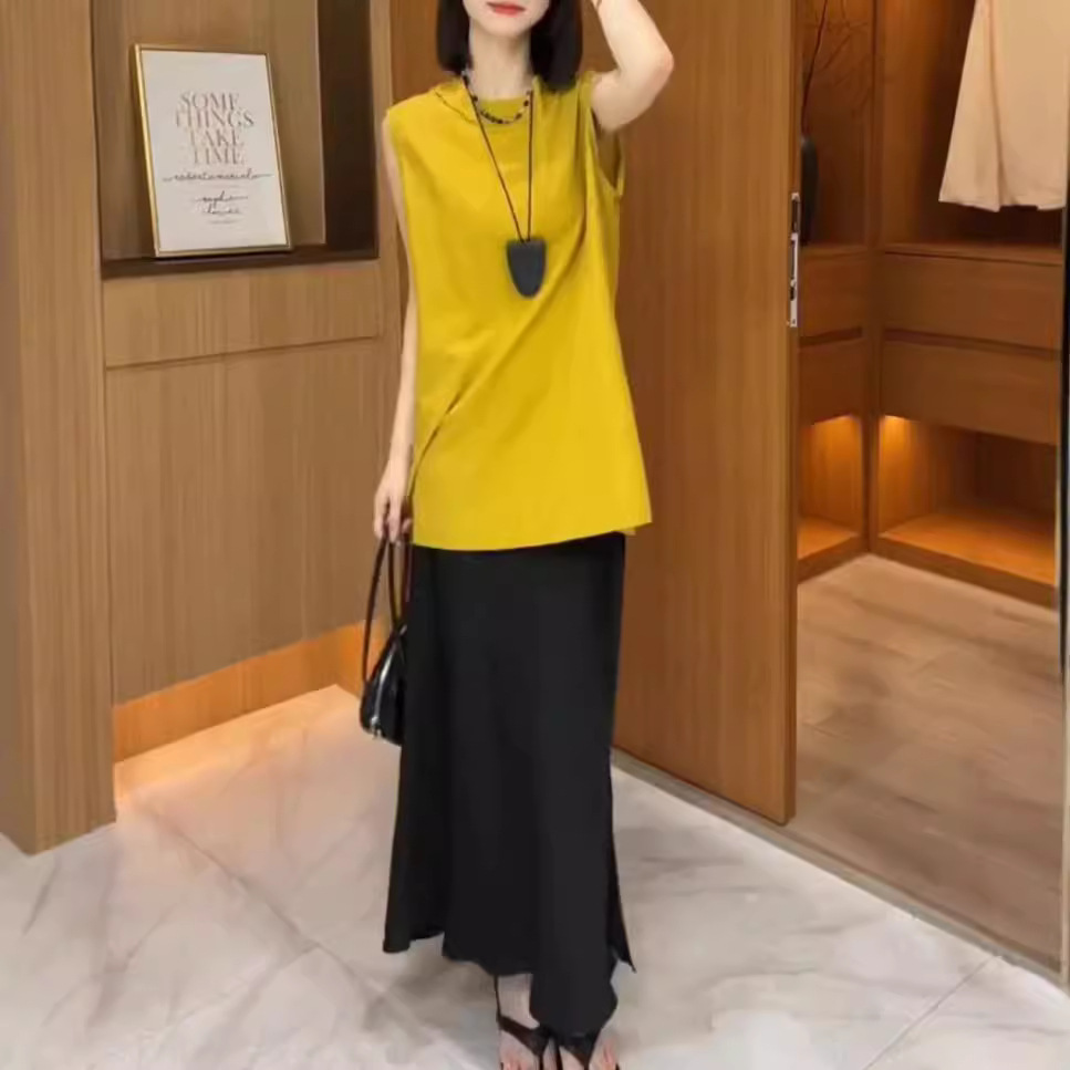 24592大爱美依缘2025夏季新款高级感宽松无袖衬衫高腰半身裙女