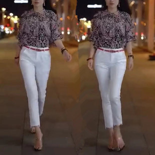 30强新款韩版修身显瘦OL职业女裤小脚休闲西装裤女+花色雪纺上衣