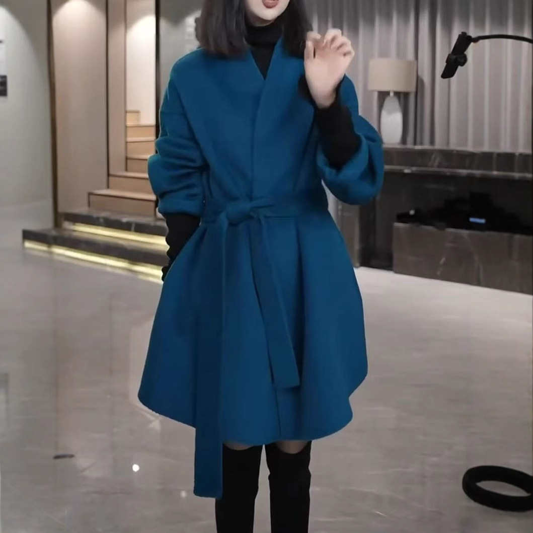 241120大爱美依缘2025新款简约大气宽松显瘦系带毛呢外套纯色大衣