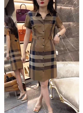 23321大爱美依缘2025夏季新款韩版翻领格纹短袖中长款显瘦连衣裙