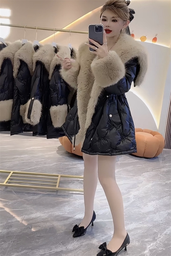 时尚连帽羽绒服女大毛领中长款