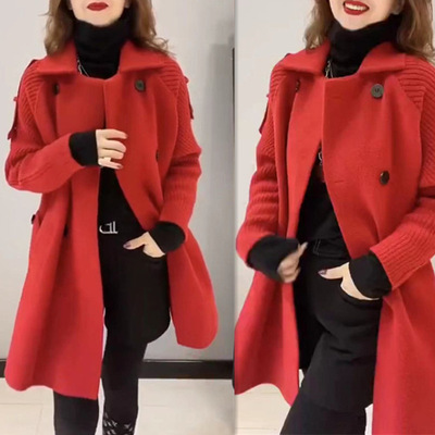88151大爱美依缘2025秋冬新款红色呢子外套翻领双排扣纯色洋气女
