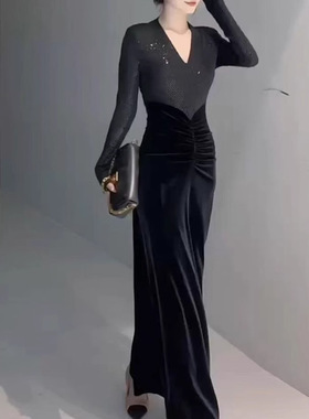 241212大爱美依缘2025新款时尚设计感V领长袖修身显瘦长款连衣裙