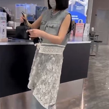 2025年夏季新款牛仔马甲直筒裤蕾丝花边时尚套装女中长款纱网小衫