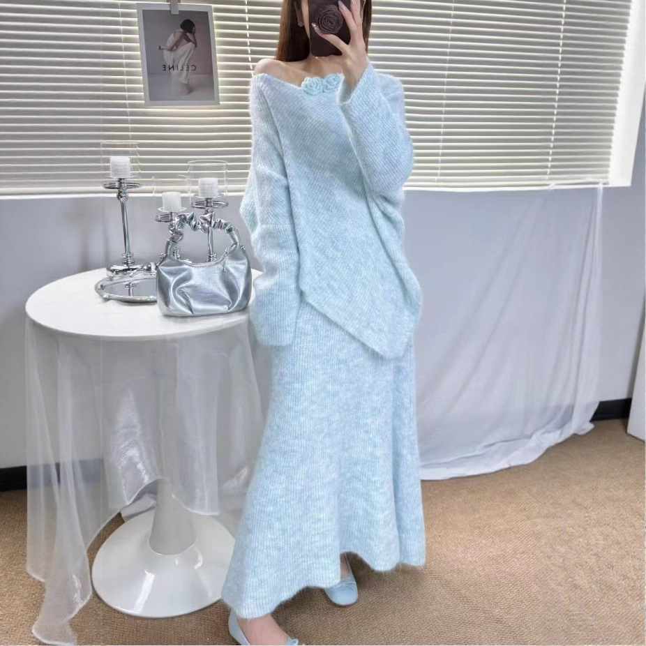 PH52830大爱美依缘2025秋季新款立体花朵套头针织衫+半身裙套装女