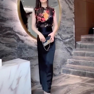 上衣开叉高腰半身裙女 雪纺印花无袖 00170大爱美依缘2025夏季 新款