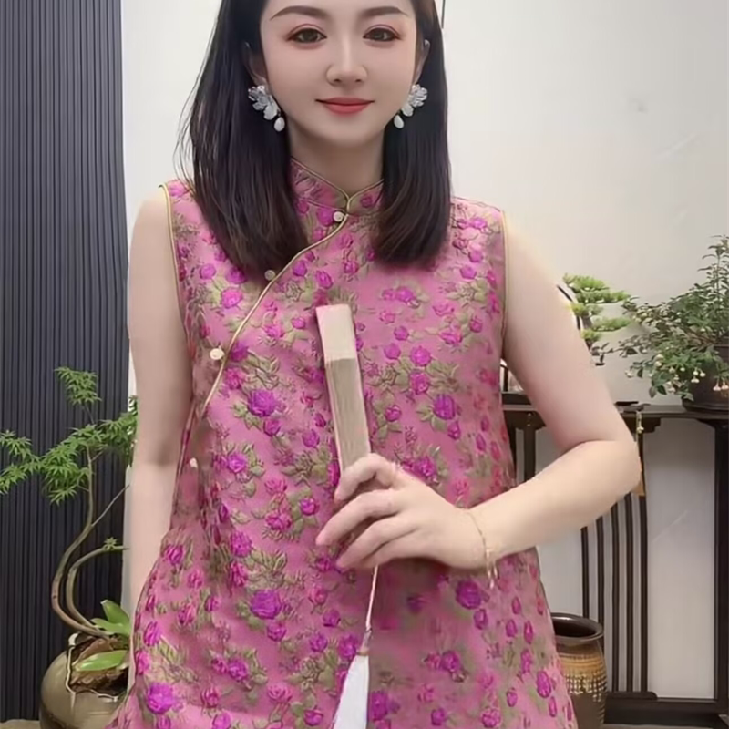 新中式碎花时尚套装女夏季复古立领无袖中长款旗袍上衣短裤两件套