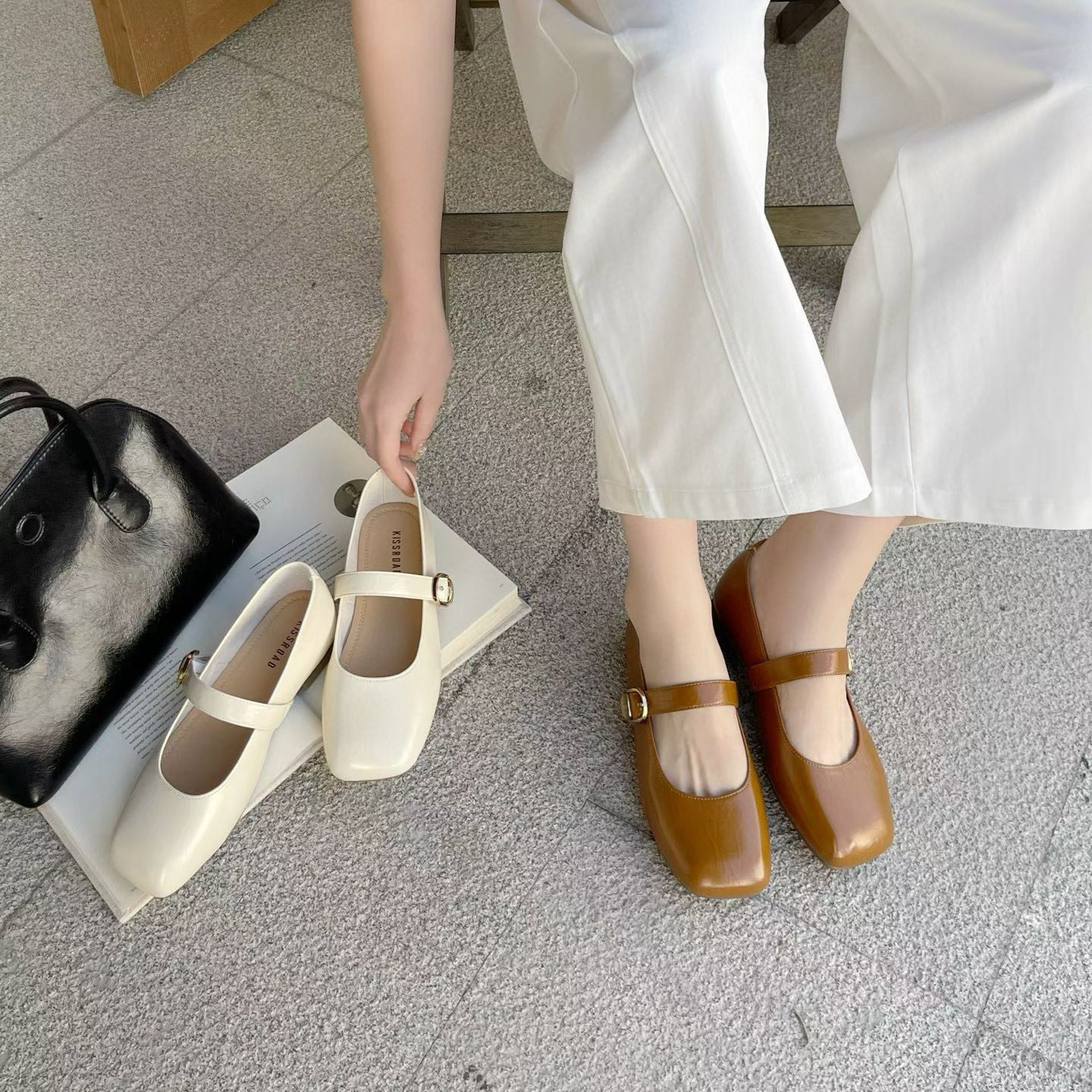 方头时尚浅口单鞋女2026年春季新款韩版真皮一字扣平底玛丽珍皮鞋,女鞋,玛丽珍鞋,淘宝优惠券,粉丝福利购,淘宝优惠卷