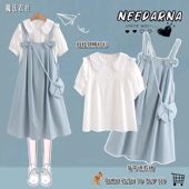 女童夏装 t恤宽松潮 12岁13中大童5学生洋气短袖 背带裙套装 2025新款