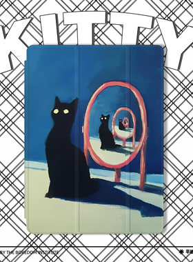镜子猫咪可爱卡通油画潮流复古小众简约适用于苹果2022款iPadPro12.9/11三折保护壳air5/mini6防摔气囊平板壳