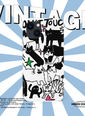 黑白奶油猫咪可爱简笔画潮流复古艺术小众适用于苹果IPhone15/14promax/13pro/12/11/xs/16菲林手机壳IMD软壳