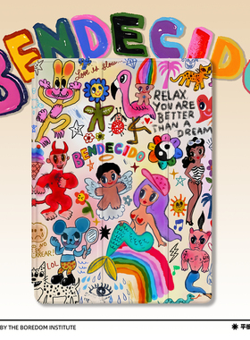 美式插画动漫涂鸦手绘小众美人鱼与天使适用于苹果2022款iPadPro12.9/11三折保护壳air5/mini6防摔ipad10笔槽