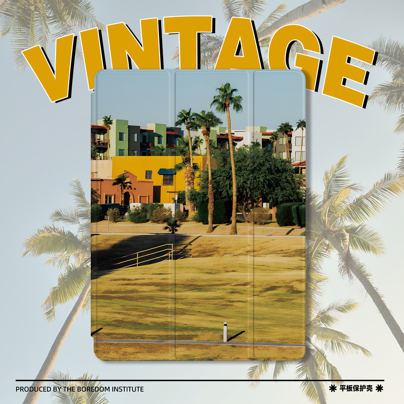 原创欧美小众椰树风景复古潮个性适用于苹果2024款iPadPro12.9/11三折保护壳air6/air5/mini6防摔气囊平板壳