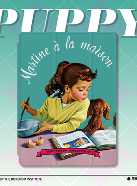 vintage美式潮流绿色复古可爱小狗插画适用苹果2022款iPadPro12.9/11三折保护壳air5/mini6防摔壳ipad10笔槽