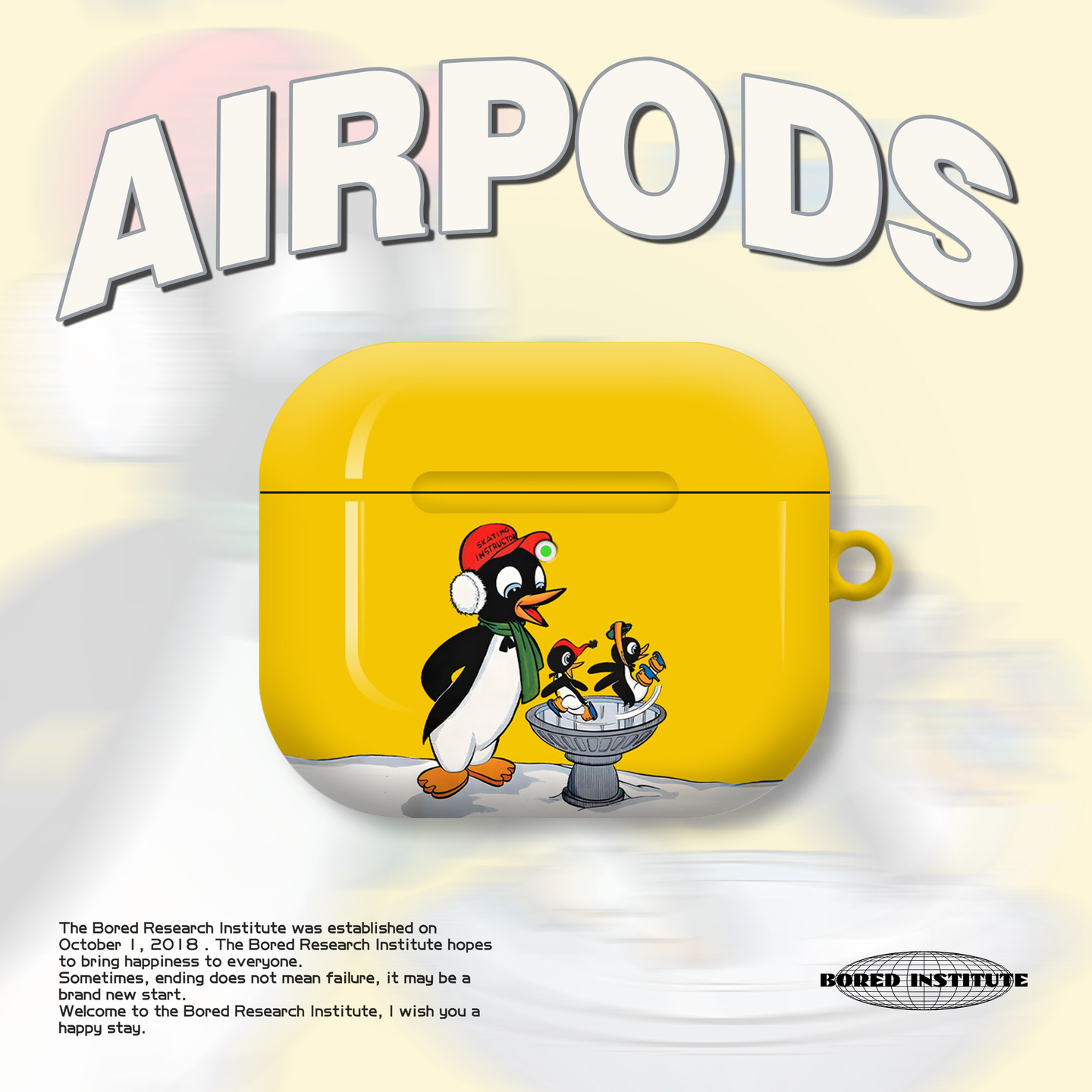 姜黄色美式插画可爱企鹅复古小众艺术适用于苹果AirPods3代耳机壳AirPodsPro3/二代保护套光面硬壳AirPods4代