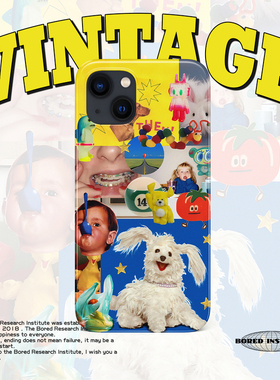 小众复古拼贴画毛绒小狗童趣贴纸艺术适用于苹果IPhone15/14plus/13pro/12/11/16/16promax菲林手机壳IMD软壳